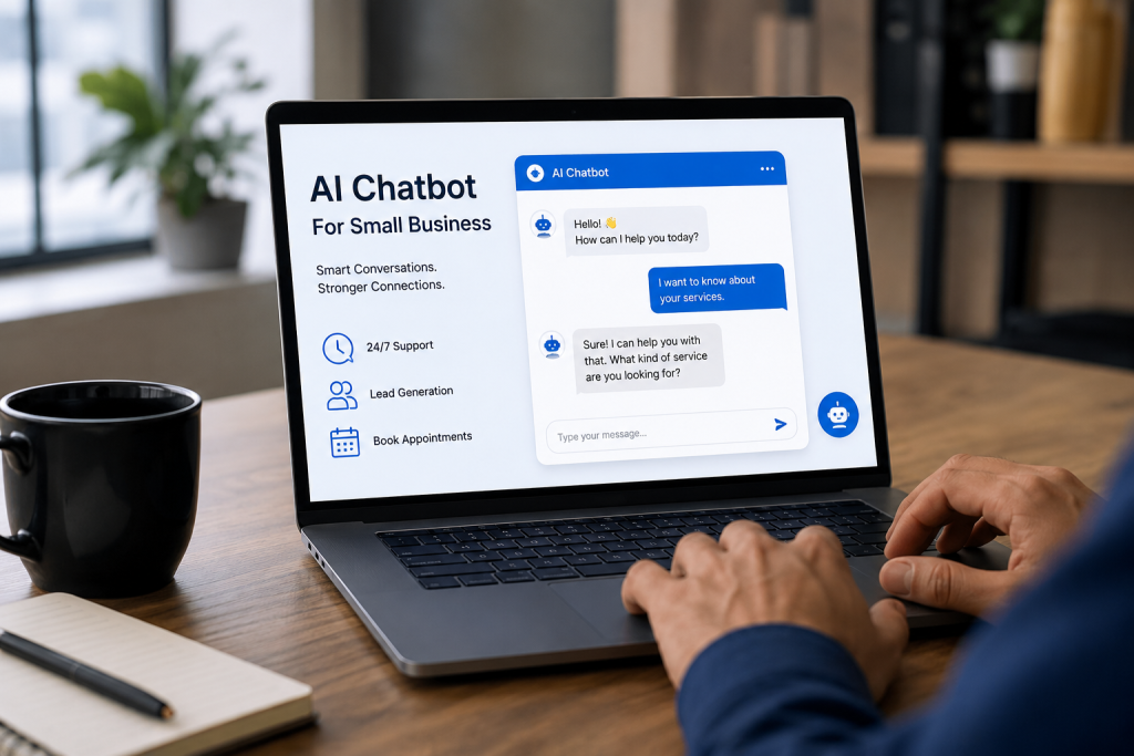 AI chatbot for small business displayed on a laptop screen helping with customer support, lead generation, and appointment booking.